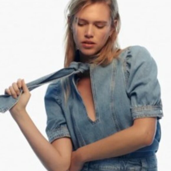 Zara Light Blue Denim Top with Tie Detail - Picture 3 of 16